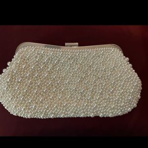Elegant Pearl-Embellished White Clutch